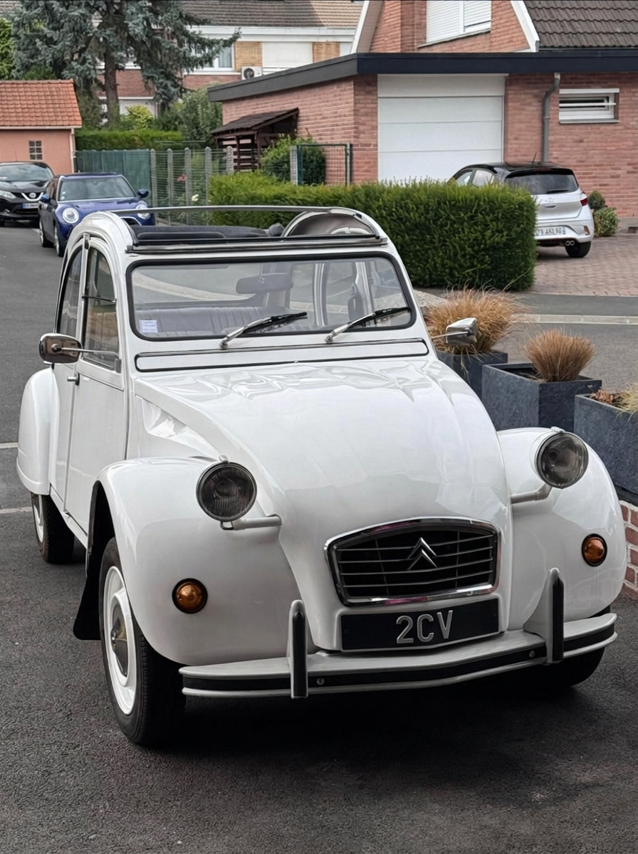 Vue de trois-quarts de la 2CV 6 Spéciale blanche de 1981
