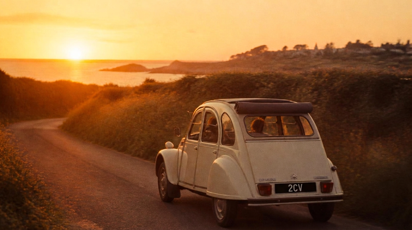 2CV blanche au coucher du soleil sur une route des Côtes-d'Armor
