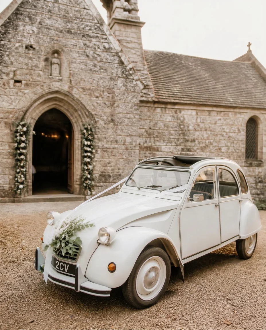 2CV blanche décorée de rubans et fleurs pour un mariage en Bretagne