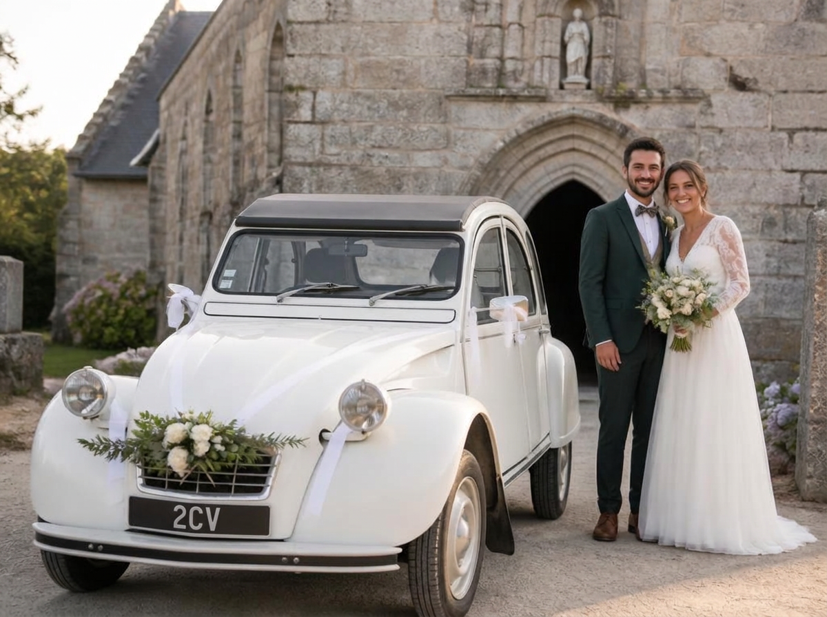 2CV blanche décorée de rubans et fleurs devant une chapelle bretonne