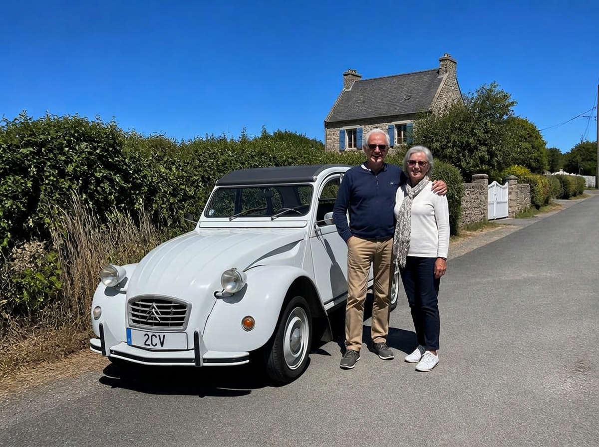 Couple de retraités posant à côté de la 2CV blanche sur une route bretonne