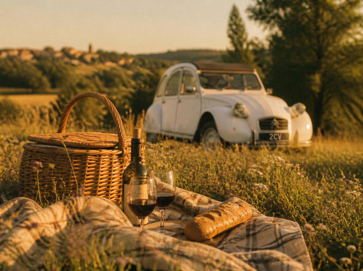 Vaisselle et panier mis à disposition avec la 2CV blanche dans la campagne bretonne
